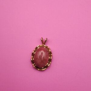 Art Nouveau Gold Tone Ornate Frame Pink Rhodochrosite Stone Pendant